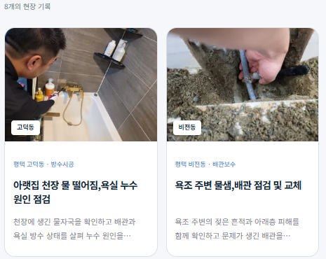 평택 고덕동: 아래집 천장 물 떨어짐과 욕실 누수 원인 점검. 평택 비전동: 욕조 주변 물샘과 배관 점검 및 교체.