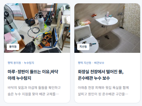 평택 용이동: 마루와 장판이 들뜨는 이유, 바닥 아래 누수 탐지. 평택 지산동: 화장실 천장에서 떨어진 물, 온수배관 누수 보수.